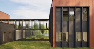 Réhabilitation d'un bâtiment de bureaux avec une passerelle vitrée